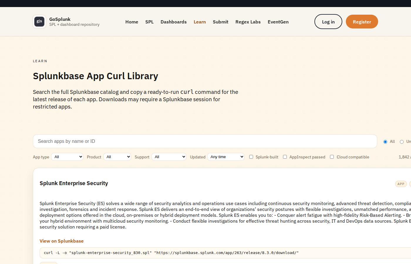 Splunkbase App Curl Library preview